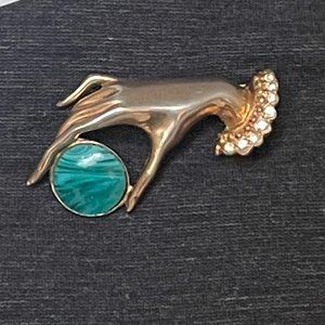 1940s Lady Hand Pin Holds Green Striped Agate Disc